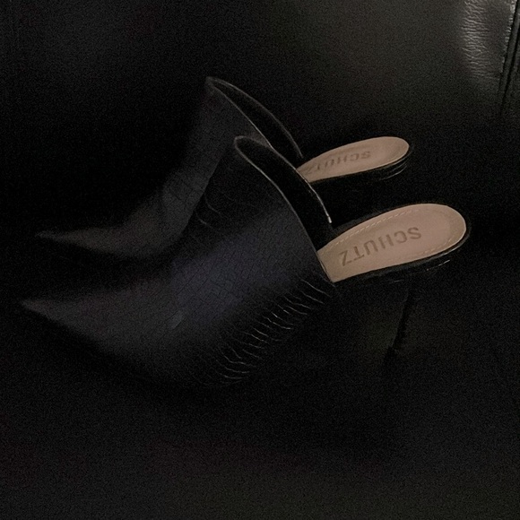 Schutz Bardot Croc Embossed Leather Stiletto Mules - Picture 5 of 11